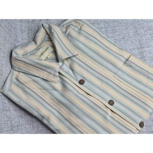 Joseph Feiss 100% Silk Mens Large Short Sleeve Shirt Button Down Striped